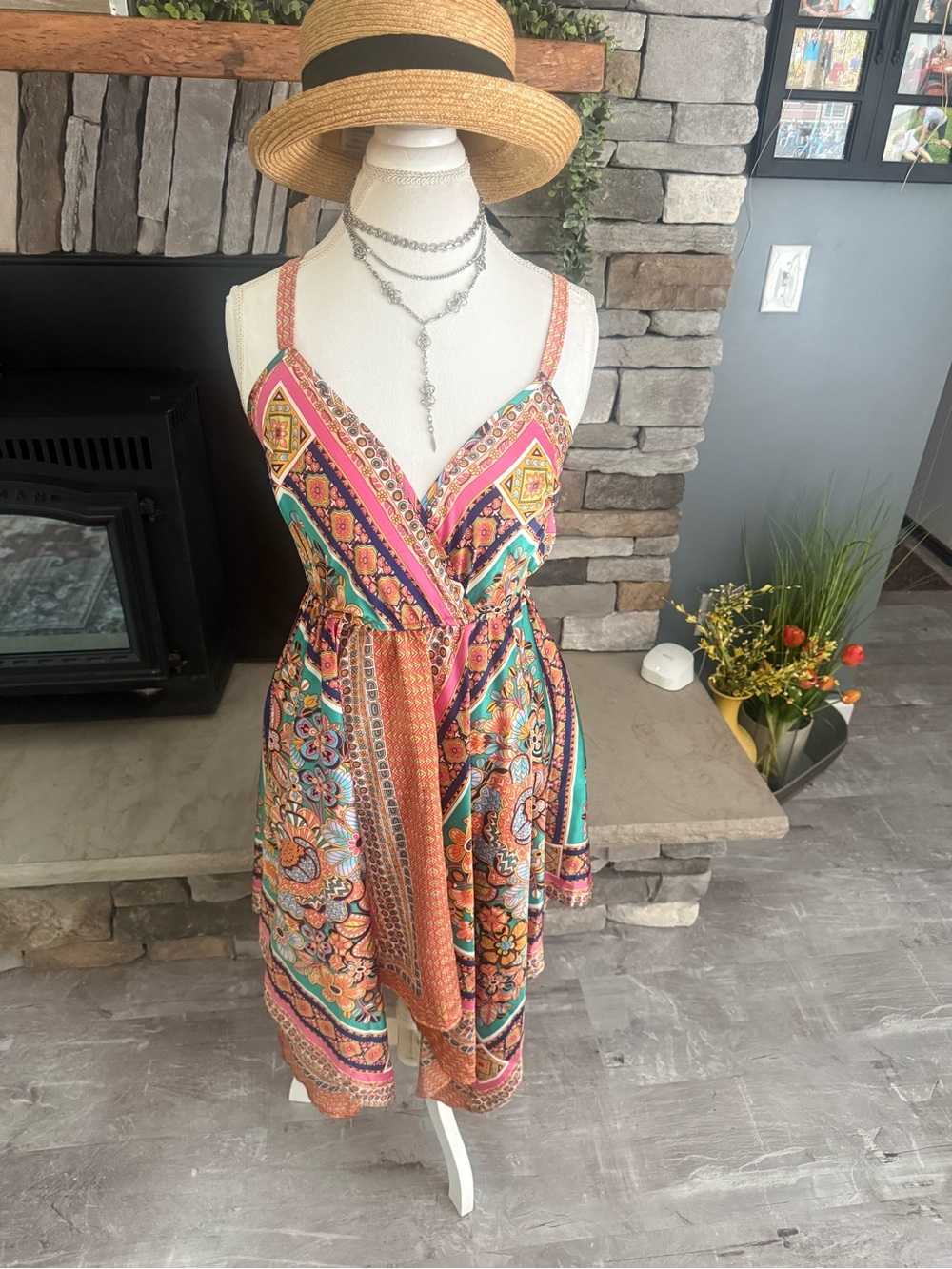 Sleeveless Printed Wrap Midi Dress in Orange & Teal